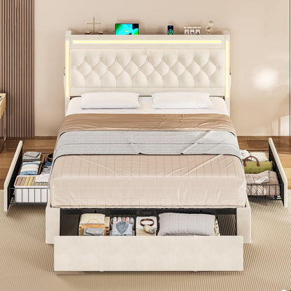 HAUOMS Queen Upholstered LED Bed Frame with 3 Drawers, Velvet Hidden Storage Headboard with Charging Station, Button Tufted Headboard and Heavy Duty Metal Slats Support, No Box Spring Needed, Beige