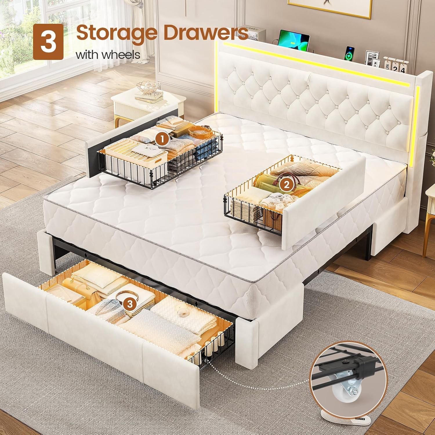 HAUOMS Queen Upholstered LED Bed Frame with 3 Drawers, Velvet Hidden Storage Headboard with Charging Station, Button Tufted Headboard and Heavy Duty Metal Slats Support, No Box Spring Needed, Beige