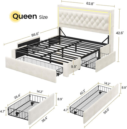 HAUOMS Queen Upholstered LED Bed Frame with 3 Drawers, Velvet Hidden Storage Headboard with Charging Station, Button Tufted Headboard and Heavy Duty Metal Slats Support, No Box Spring Needed, Beige