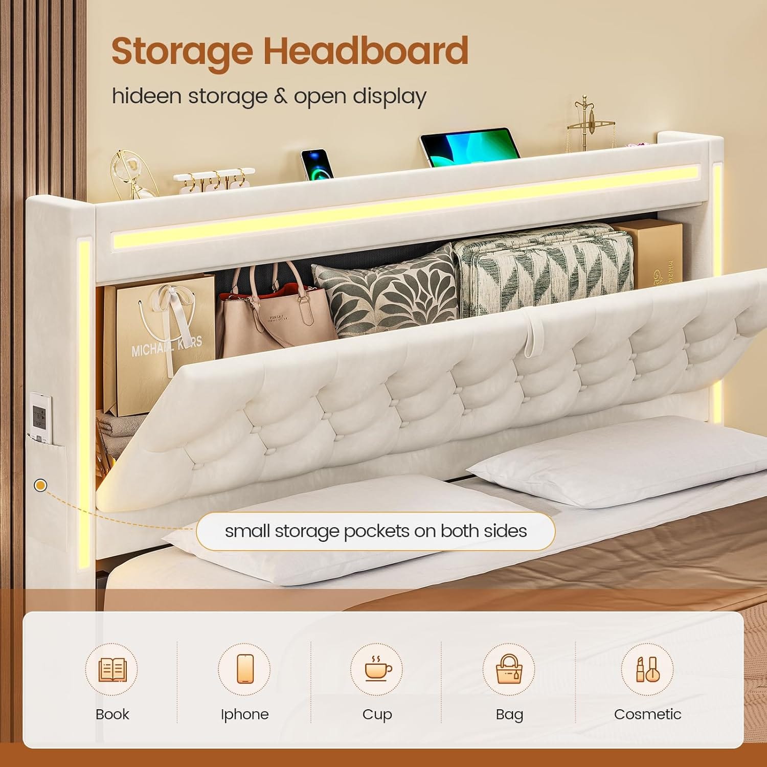 HAUOMS Queen Upholstered LED Bed Frame with 3 Drawers, Velvet Hidden Storage Headboard with Charging Station, Button Tufted Headboard and Heavy Duty Metal Slats Support, No Box Spring Needed, Beige