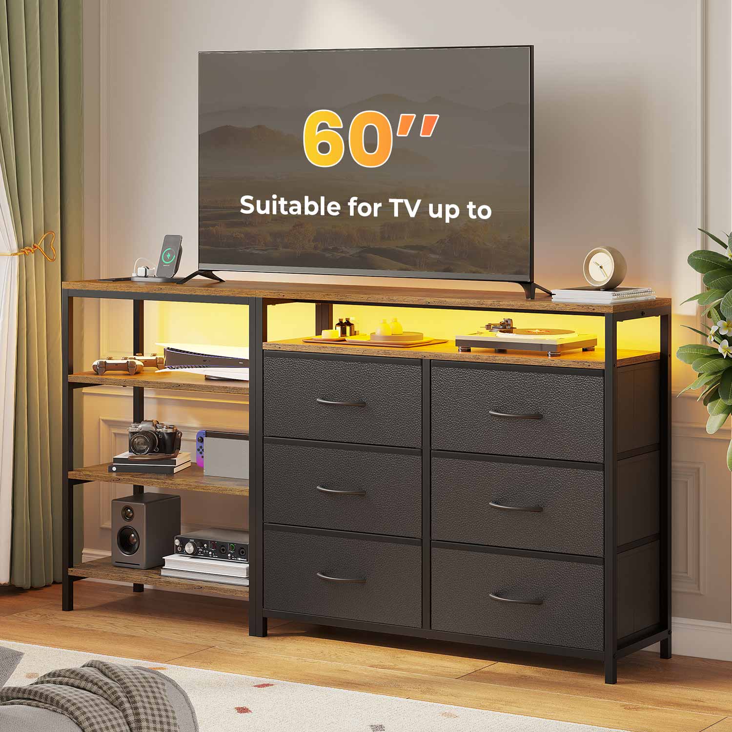 HAUOMS TV Stand Black Black TV Stand with Power Outlets and LED Lights for 60 Inch TV
