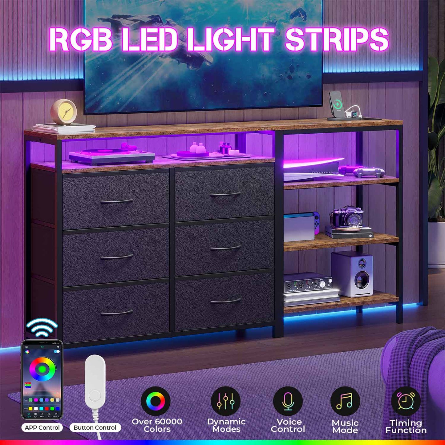 HAUOMS TV Stand Black Black TV Stand with Power Outlets and LED Lights for 60 Inch TV