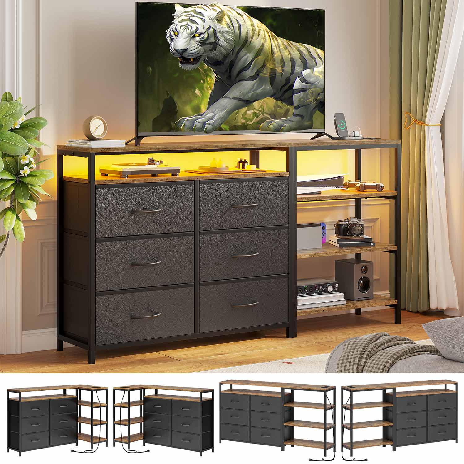 HAUOMS TV Stand Black Black TV Stand with Power Outlets and LED Lights for 60 Inch TV