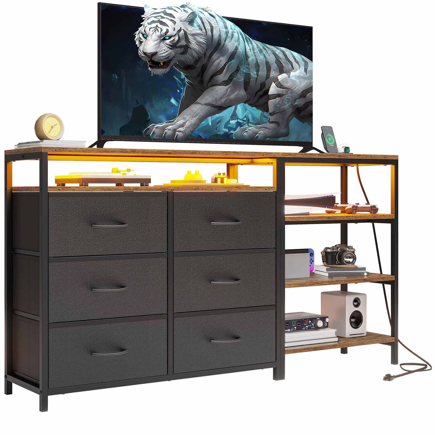 HAUOMS TV Stand Black Black TV Stand with Power Outlets and LED Lights for 60 Inch TV