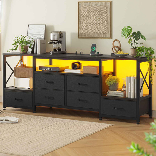 HAUOMS TV Stand Black HAUOMS 63" TV Stand with LED Light and Power Outlets Industrial TV Console Table with 6 Fabric Drawers and Open Shelves