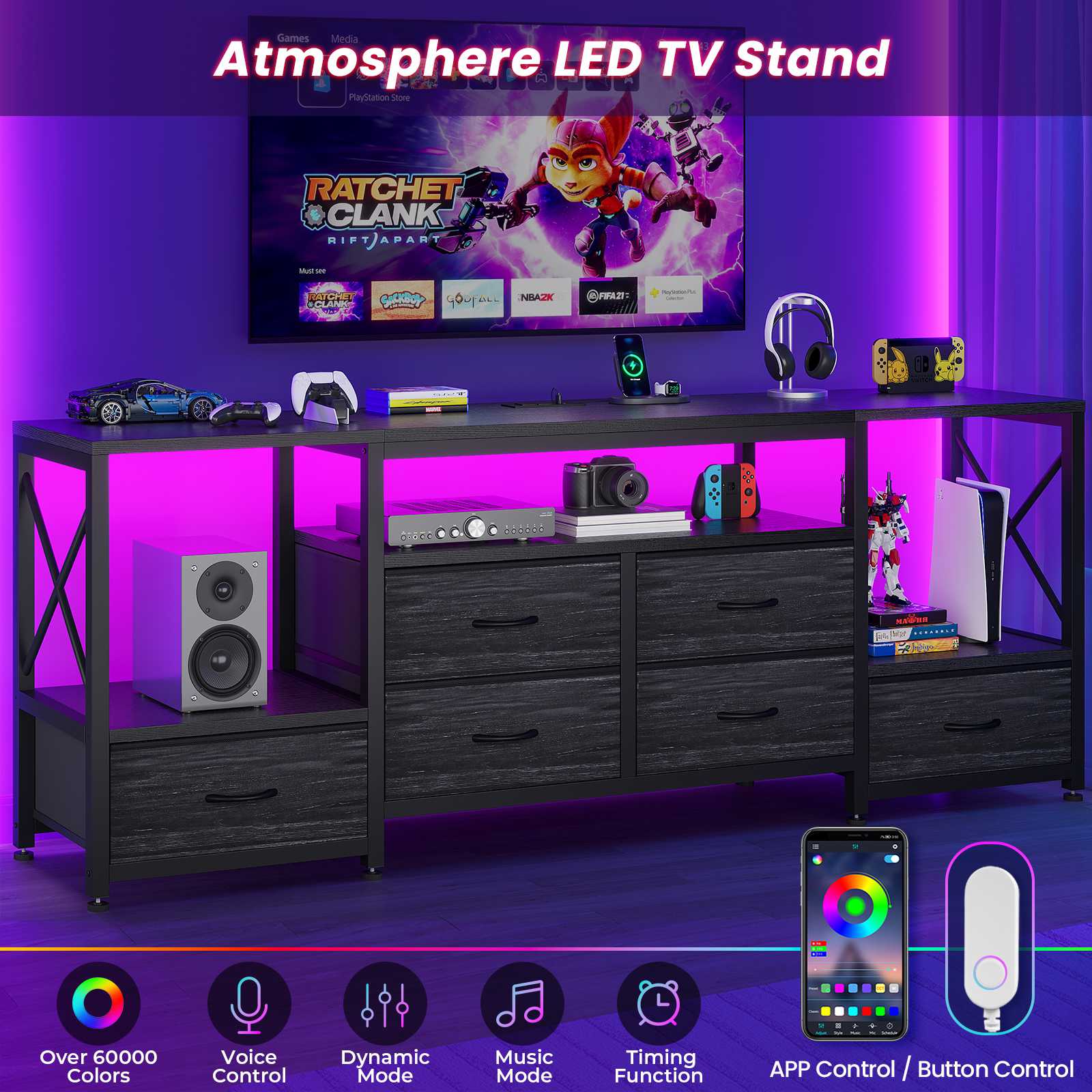 HAUOMS TV Stand HAUOMS 63" TV Stand with LED Light and Power Outlets Industrial TV Console Table with 6 Fabric Drawers and Open Shelves