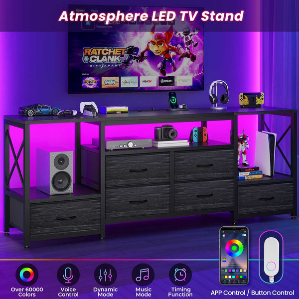 HAUOMS TV Stand HAUOMS 63" TV Stand with LED Light and Power Outlets Industrial TV Console Table with 6 Fabric Drawers and Open Shelves