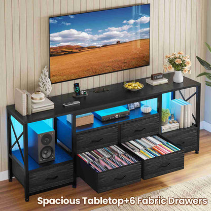 HAUOMS TV Stand HAUOMS 63" TV Stand with LED Light and Power Outlets Industrial TV Console Table with 6 Fabric Drawers and Open Shelves