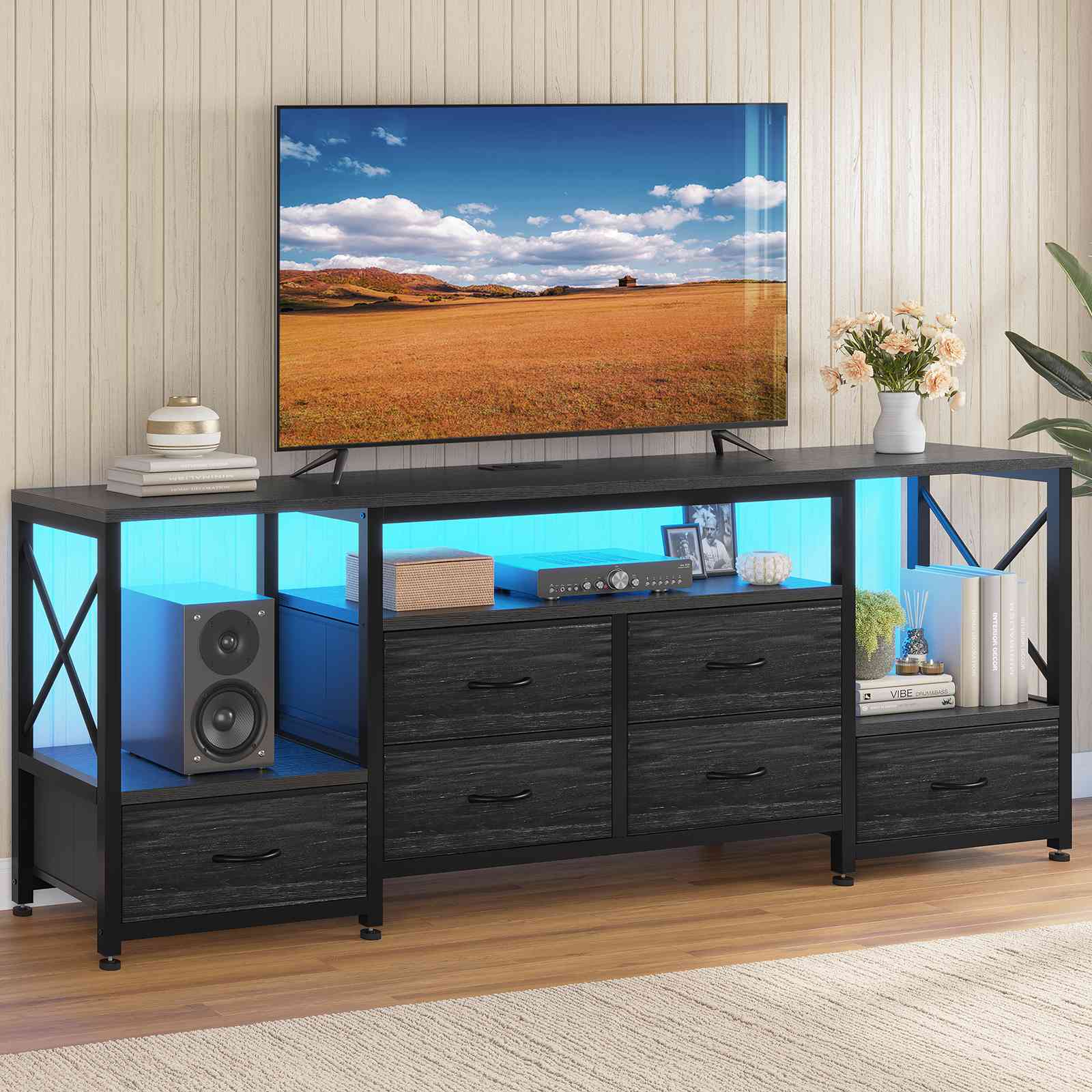 HAUOMS TV Stand HAUOMS 63" TV Stand with LED Light and Power Outlets Industrial TV Console Table with 6 Fabric Drawers and Open Shelves
