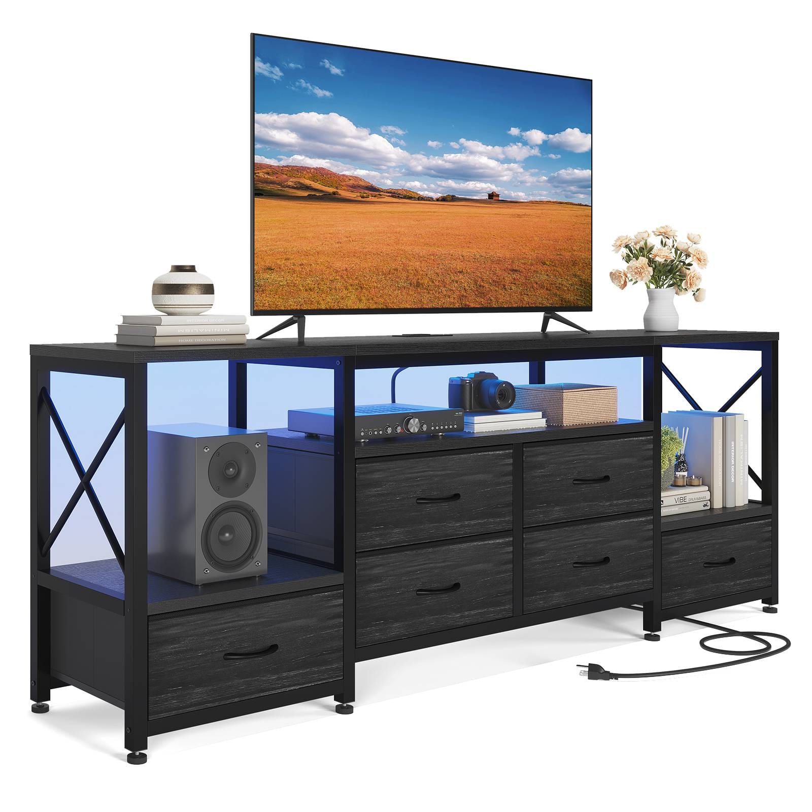 HAUOMS TV Stand HAUOMS 63" TV Stand with LED Light and Power Outlets Industrial TV Console Table with 6 Fabric Drawers and Open Shelves
