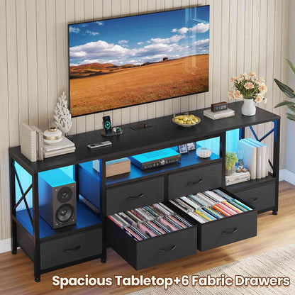 HAUOMS TV Stand HAUOMS 63" TV Stand with LED Light and Power Outlets Industrial TV Console Table with 6 Fabric Drawers and Open Shelves