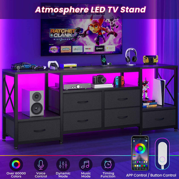 HAUOMS TV Stand HAUOMS 63" TV Stand with LED Light and Power Outlets Industrial TV Console Table with 6 Fabric Drawers and Open Shelves