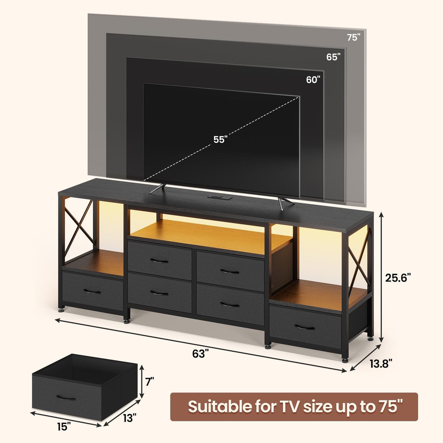 HAUOMS TV Stand HAUOMS 63" TV Stand with LED Light and Power Outlets Industrial TV Console Table with 6 Fabric Drawers and Open Shelves