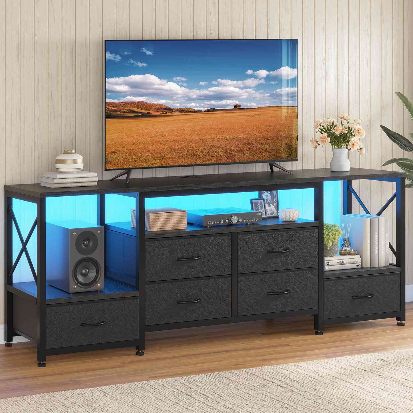HAUOMS TV Stand HAUOMS 63" TV Stand with LED Light and Power Outlets Industrial TV Console Table with 6 Fabric Drawers and Open Shelves