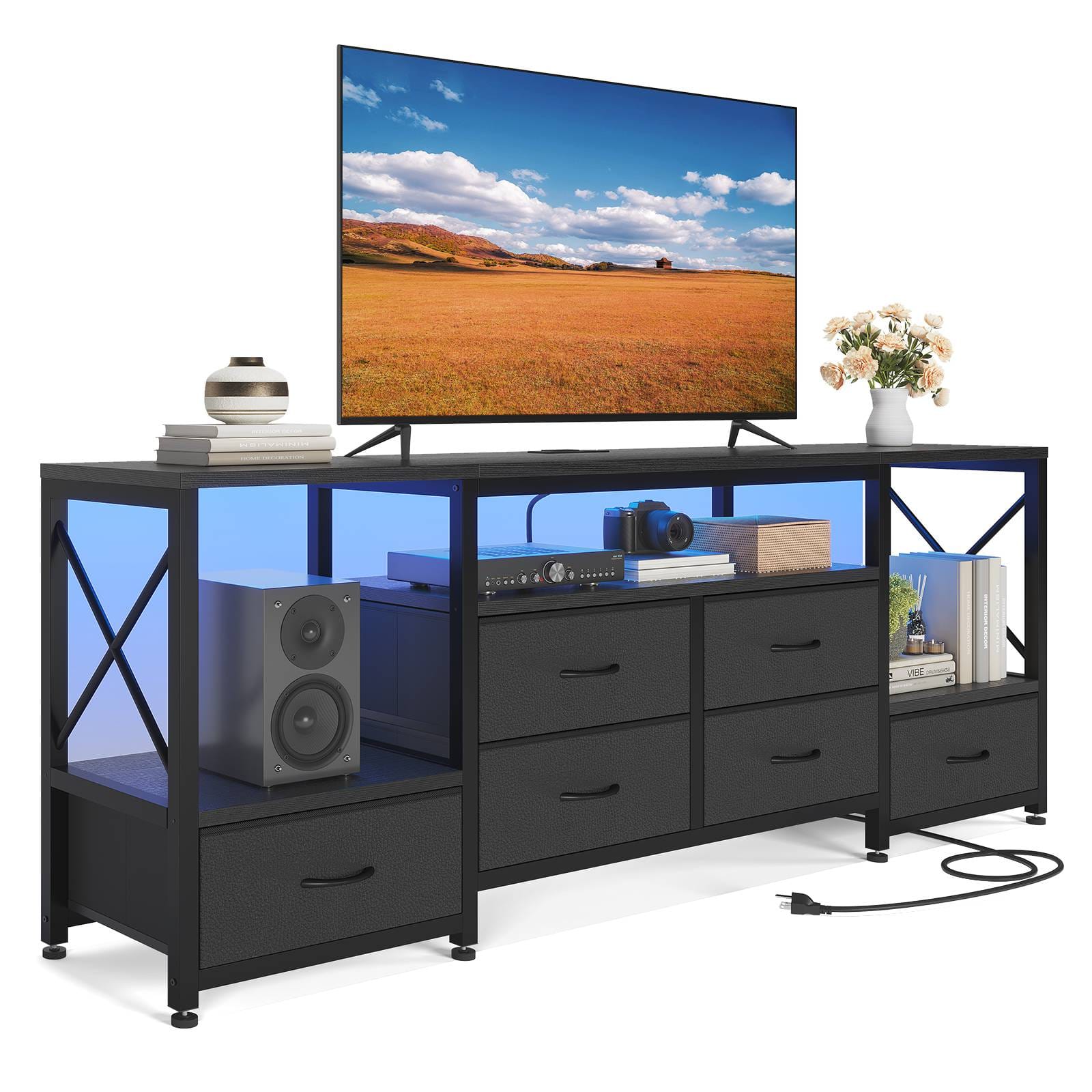 HAUOMS TV Stand HAUOMS 63" TV Stand with LED Light and Power Outlets Industrial TV Console Table with 6 Fabric Drawers and Open Shelves