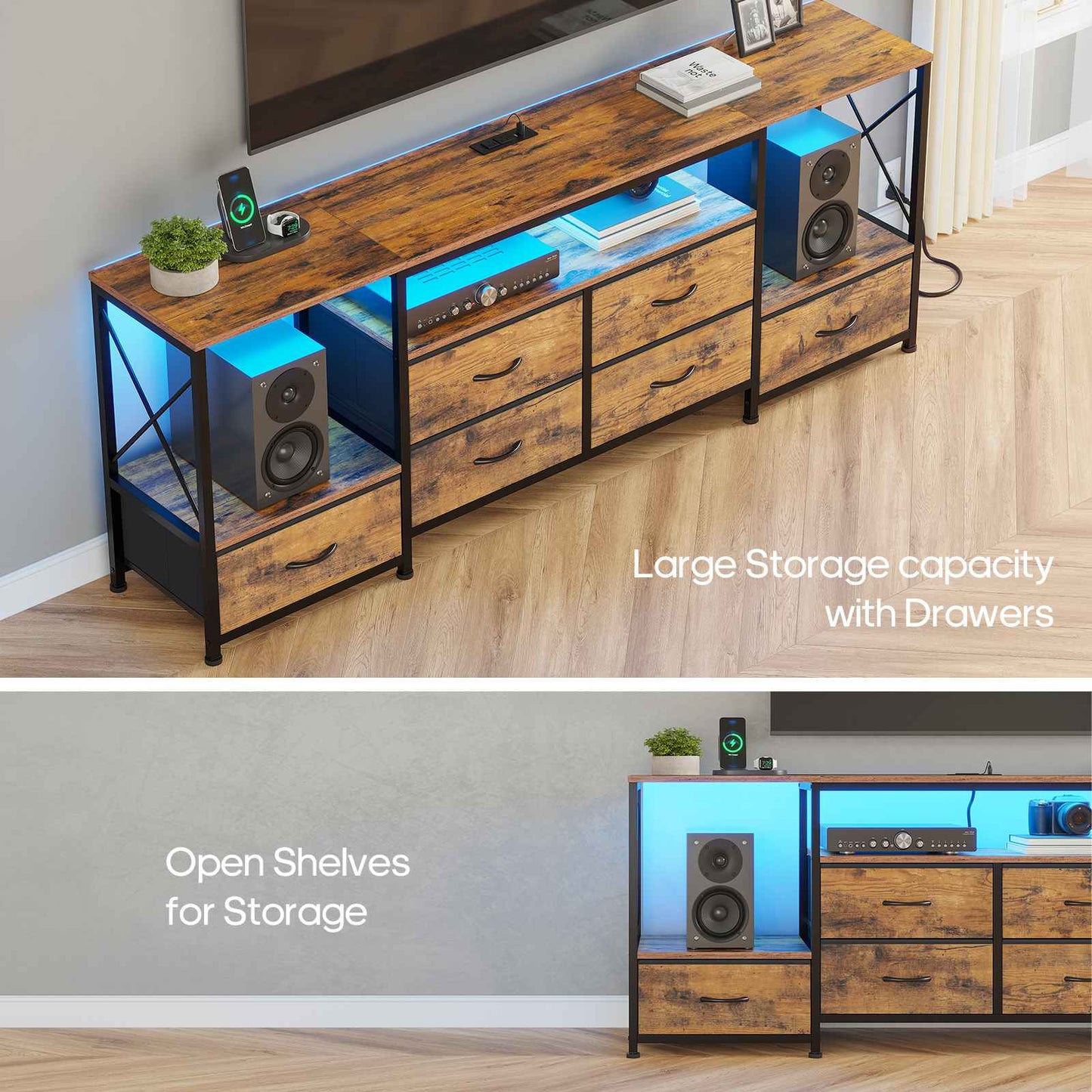 HAUOMS TV Stand HAUOMS 63" TV Stand with LED Light and Power Outlets Industrial TV Console Table with 6 Fabric Drawers and Open Shelves