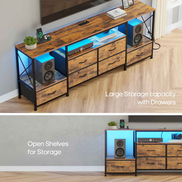 HAUOMS TV Stand HAUOMS 63" TV Stand with LED Light and Power Outlets Industrial TV Console Table with 6 Fabric Drawers and Open Shelves