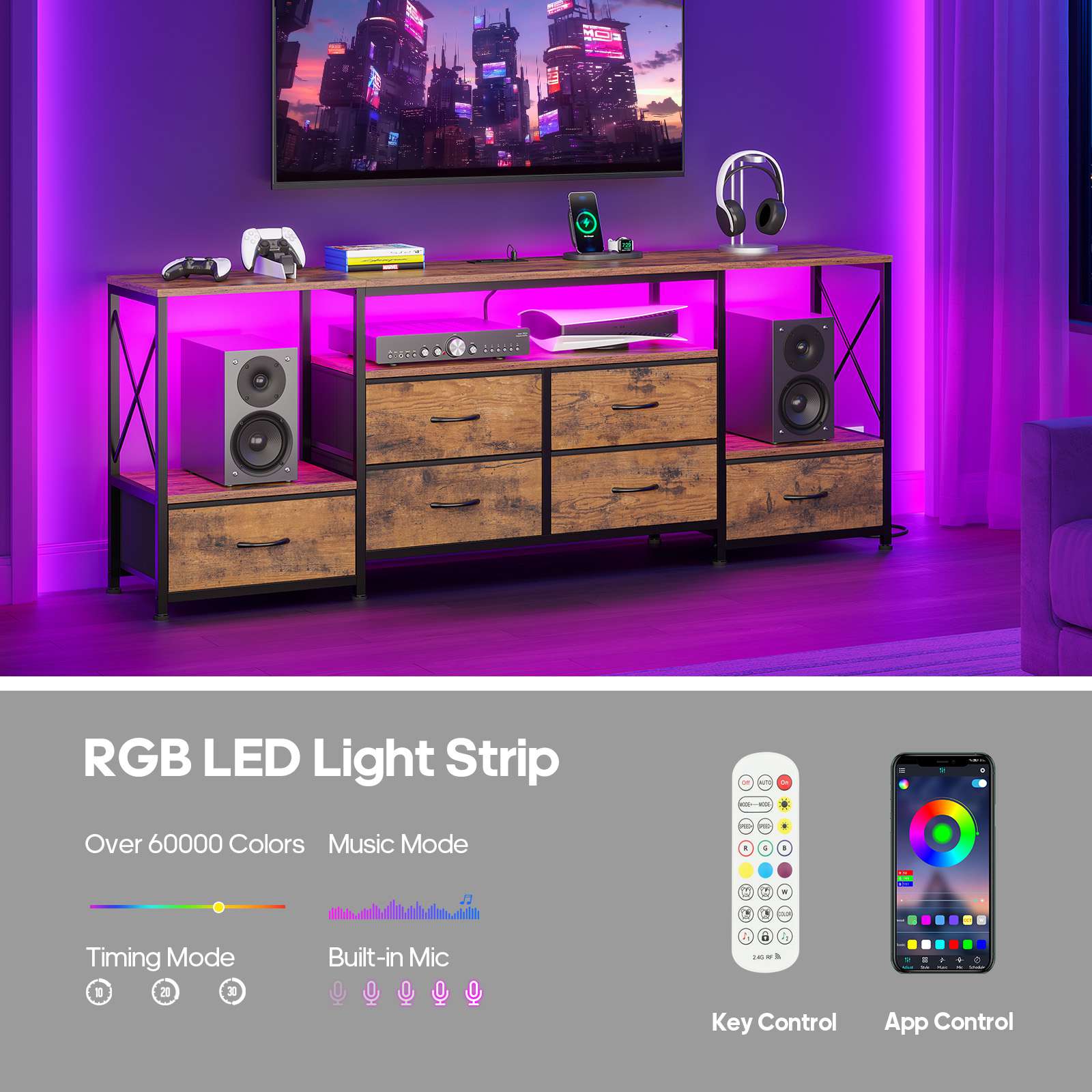 HAUOMS TV Stand HAUOMS 63" TV Stand with LED Light and Power Outlets Industrial TV Console Table with 6 Fabric Drawers and Open Shelves
