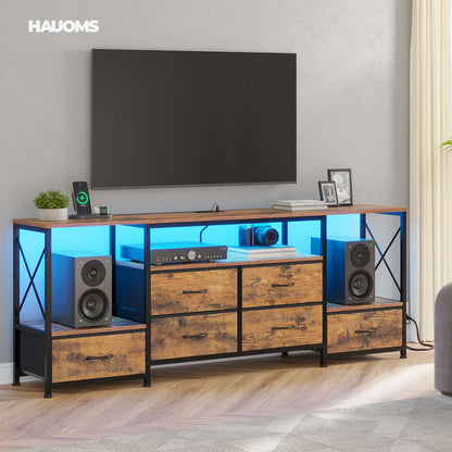 HAUOMS TV Stand HAUOMS 63" TV Stand with LED Light and Power Outlets Industrial TV Console Table with 6 Fabric Drawers and Open Shelves
