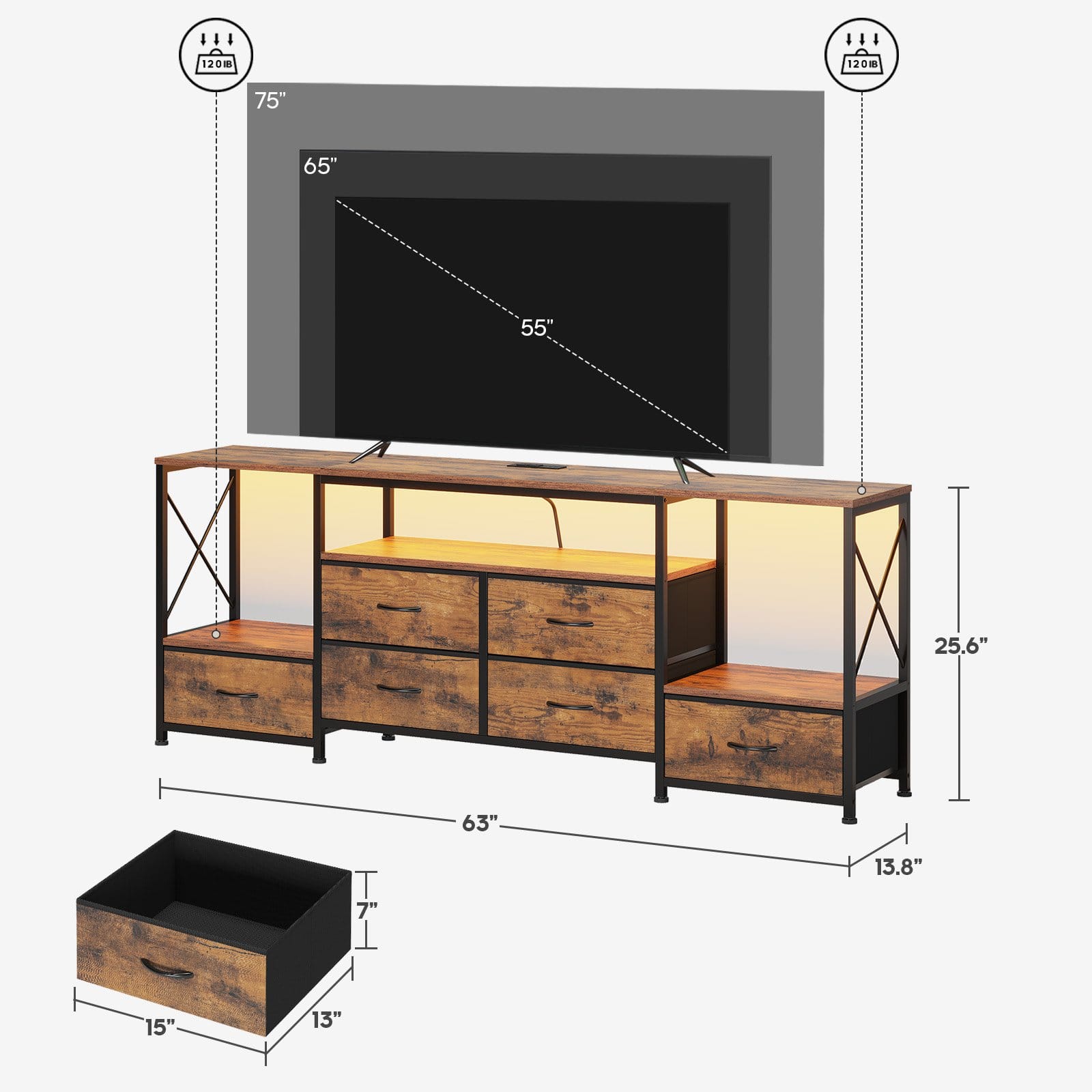 HAUOMS TV Stand HAUOMS 63" TV Stand with LED Light and Power Outlets Industrial TV Console Table with 6 Fabric Drawers and Open Shelves