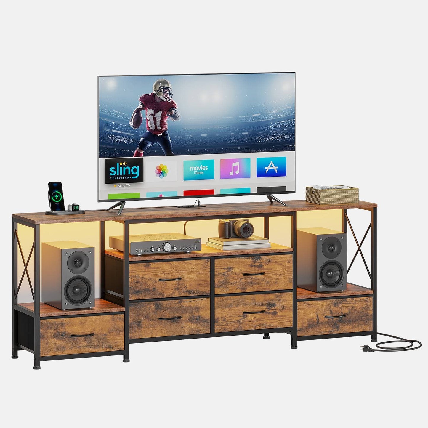 HAUOMS TV Stand HAUOMS 63" TV Stand with LED Light and Power Outlets Industrial TV Console Table with 6 Fabric Drawers and Open Shelves