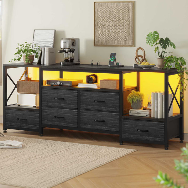 HAUOMS TV Stand Oak Black HAUOMS 63" TV Stand with LED Light and Power Outlets Industrial TV Console Table with 6 Fabric Drawers and Open Shelves