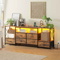 HAUOMS TV Stand Rustic Brown HAUOMS 63" TV Stand with LED Light and Power Outlets Industrial TV Console Table with 6 Fabric Drawers and Open Shelves