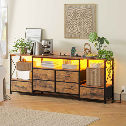 HAUOMS TV Stand Rustic Brown HAUOMS 63" TV Stand with LED Light and Power Outlets Industrial TV Console Table with 6 Fabric Drawers and Open Shelves
