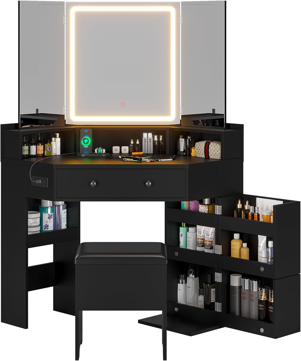 HAUOMS Vanity Black Corner Vanity with Cushioned Storage Stool Black