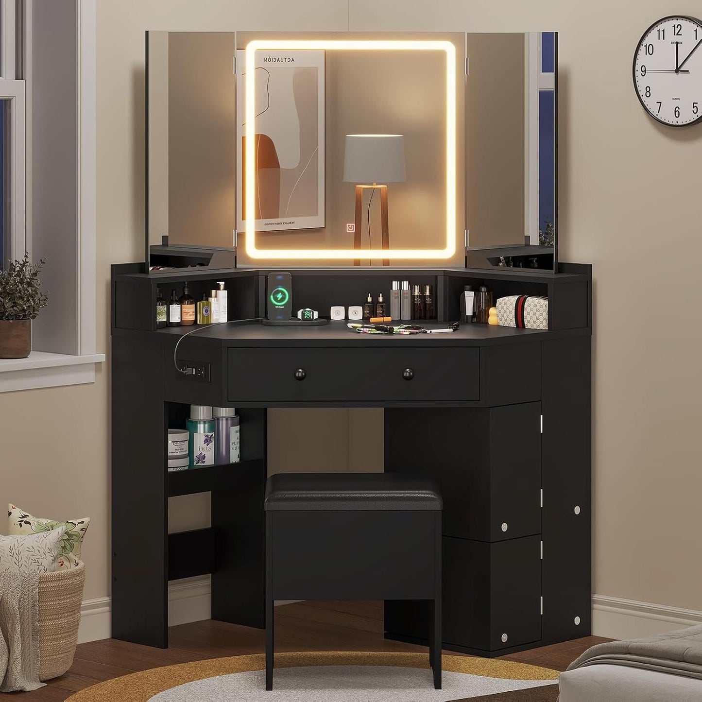HAUOMS Vanity Black Corner Vanity with Cushioned Storage Stool Black