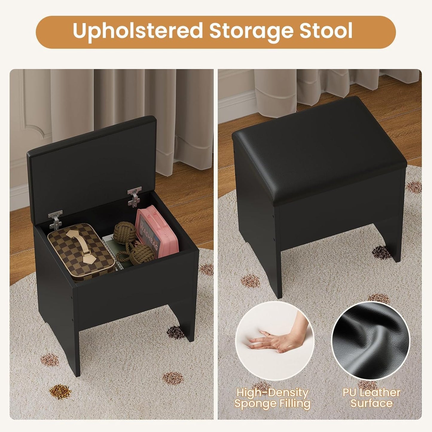 HAUOMS Vanity Black Corner Vanity with Cushioned Storage Stool Black
