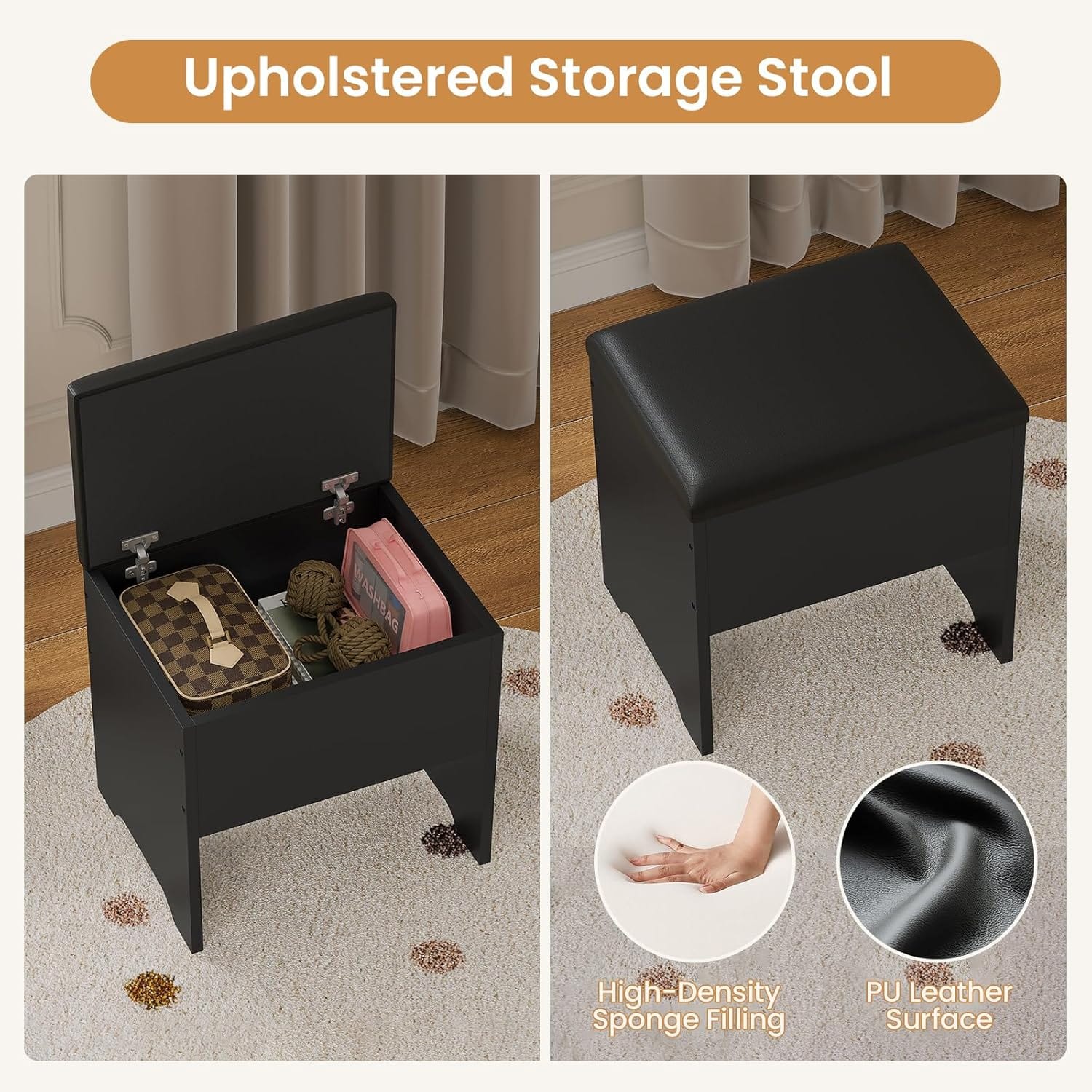 HAUOMS Vanity Black Corner Vanity with Cushioned Storage Stool Black