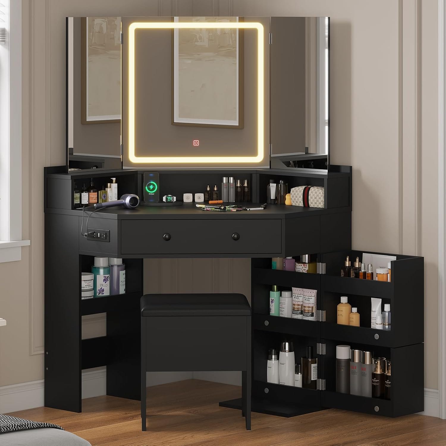 HAUOMS Vanity Black Corner Vanity with Cushioned Storage Stool Black