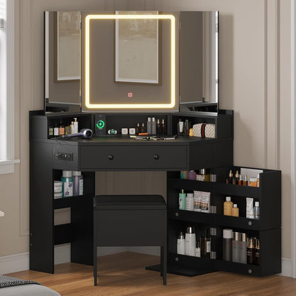 HAUOMS Vanity Black Corner Vanity with Cushioned Storage Stool Black