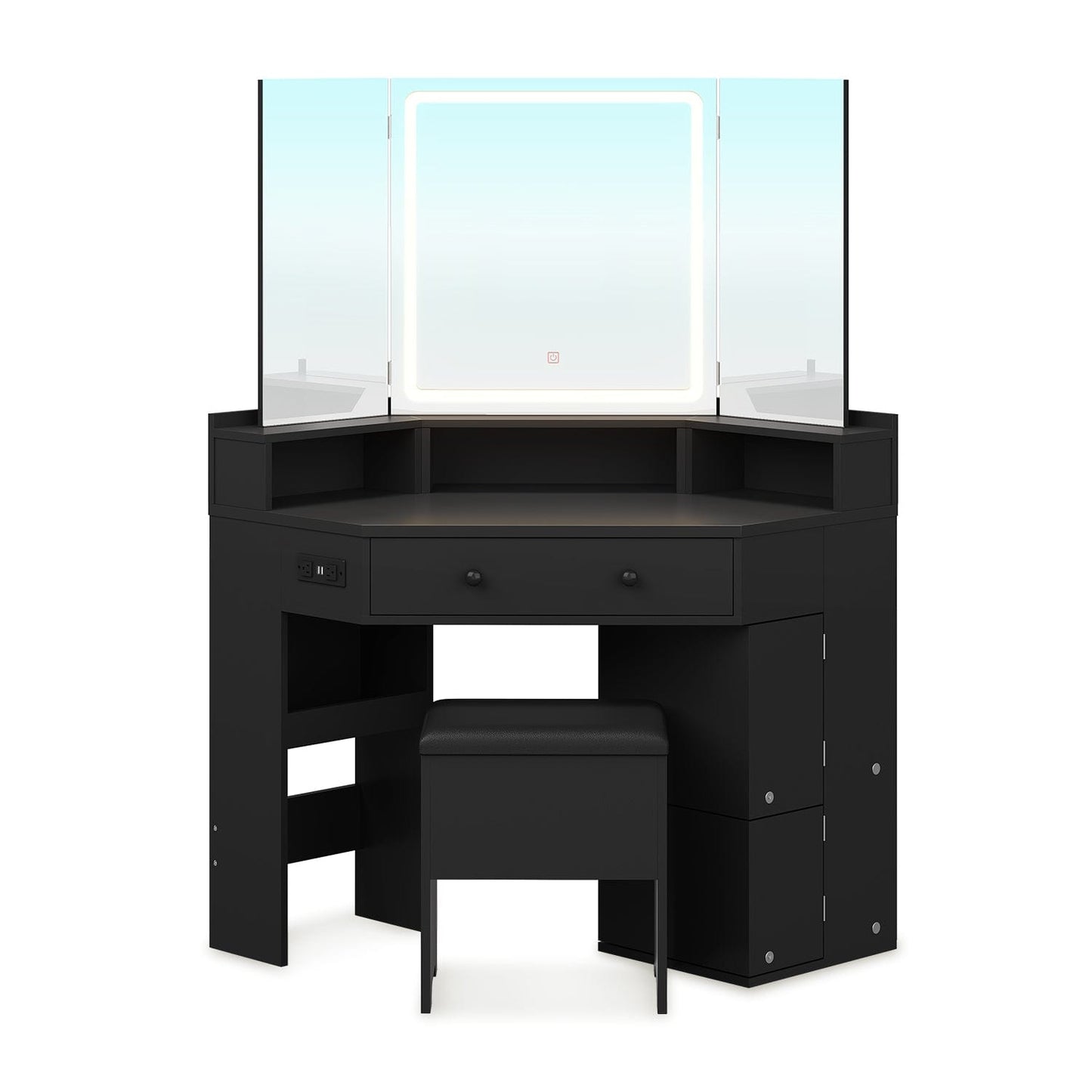 HAUOMS Vanity Black Corner Vanity with Cushioned Storage Stool Black