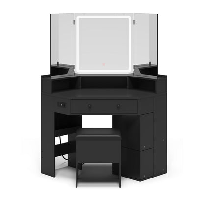 HAUOMS Vanity Black Corner Vanity with Cushioned Storage Stool Black