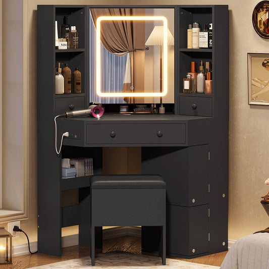 Hauoms Vanity Black / Engineered Wood / Modern Corner LED Makeup Vanity Desk Black