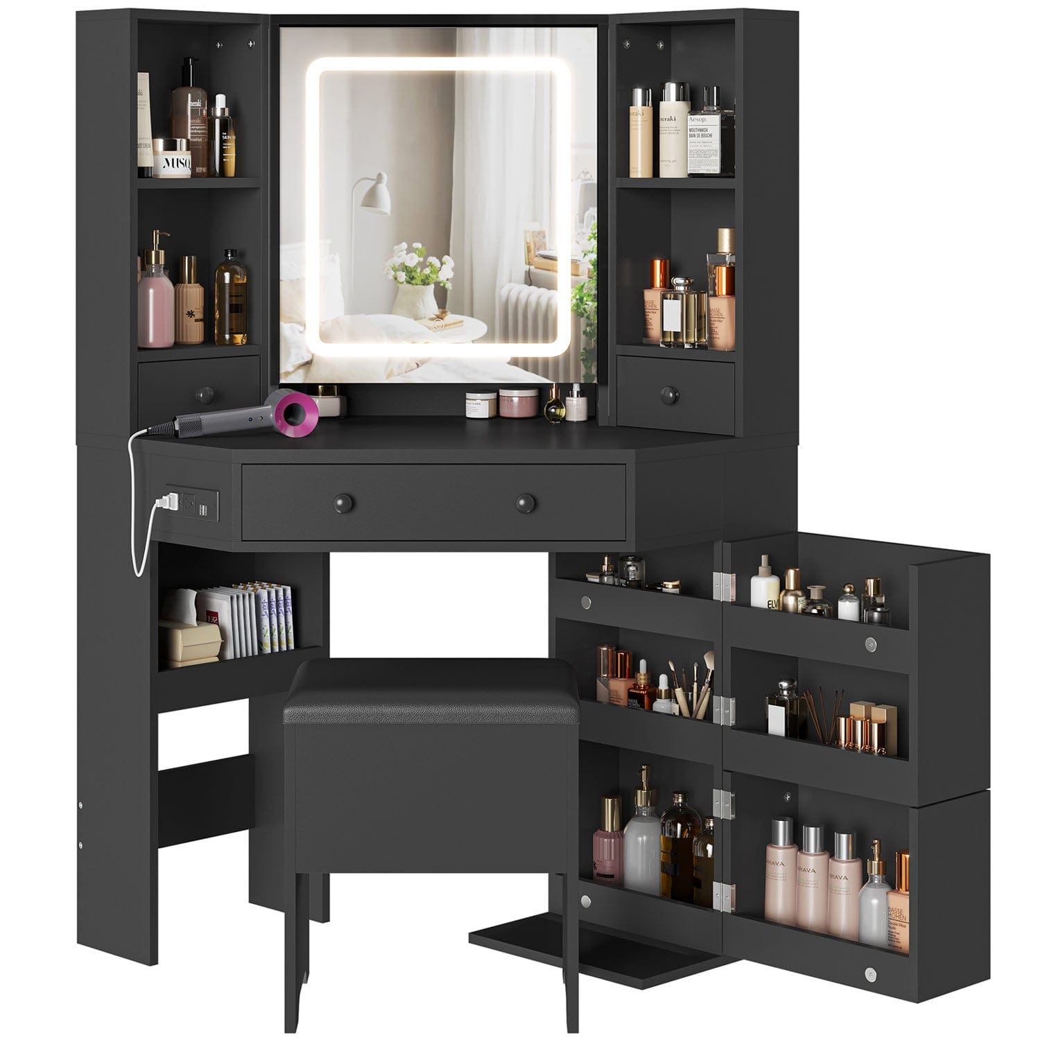 Hauoms Vanity Black / Engineered Wood / Modern Corner LED Makeup Vanity Desk Black