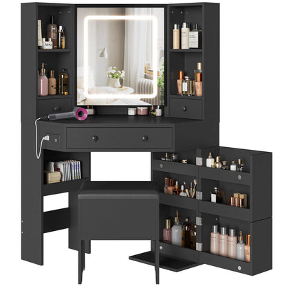 Hauoms Vanity Black / Engineered Wood / Modern Corner LED Makeup Vanity Desk Black