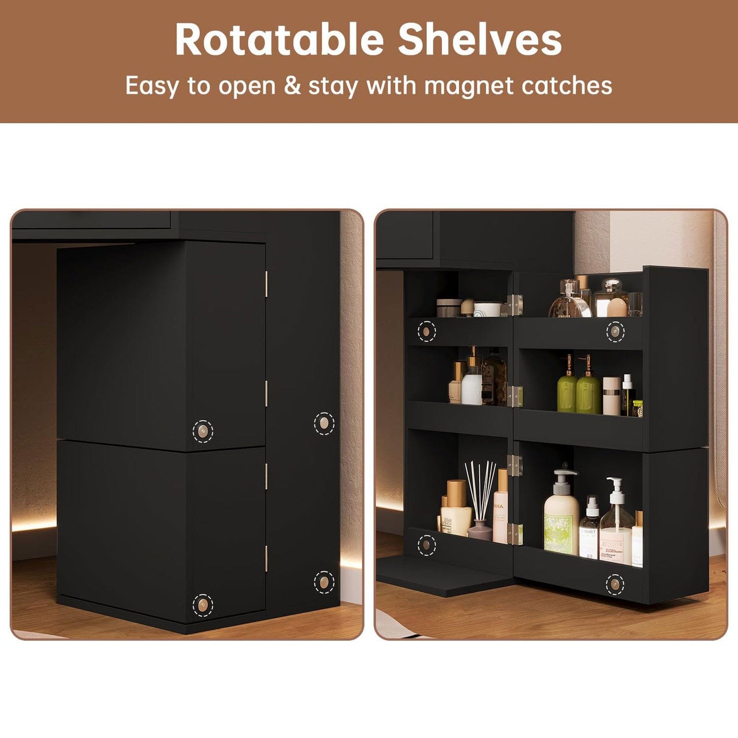 Hauoms Vanity Black / Engineered Wood / Modern Corner LED Makeup Vanity Desk Black