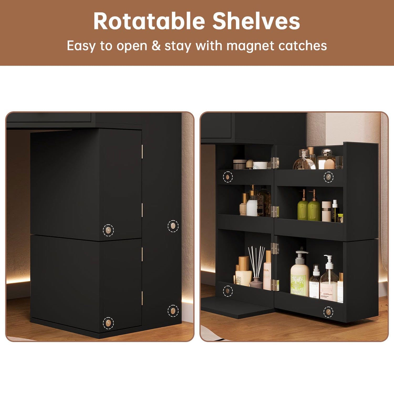 Hauoms Vanity Black / Engineered Wood / Modern Corner LED Makeup Vanity Desk Black