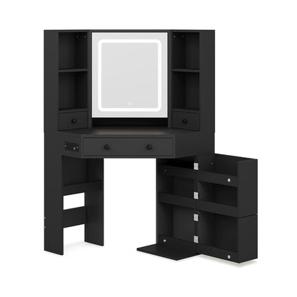 HAUOMS Vanity Black / Engineered Wood / Modern Corner LED Makeup Vanity Table Black