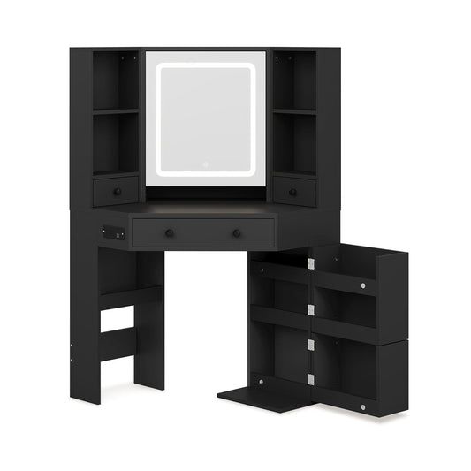 HAUOMS Vanity Black / Engineered Wood / Modern Corner LED Makeup Vanity Table Black