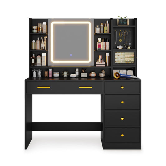 HAUOMS Vanity Black / Engineered Wood / Modern Makeup Vanity with Jewelry Box Black