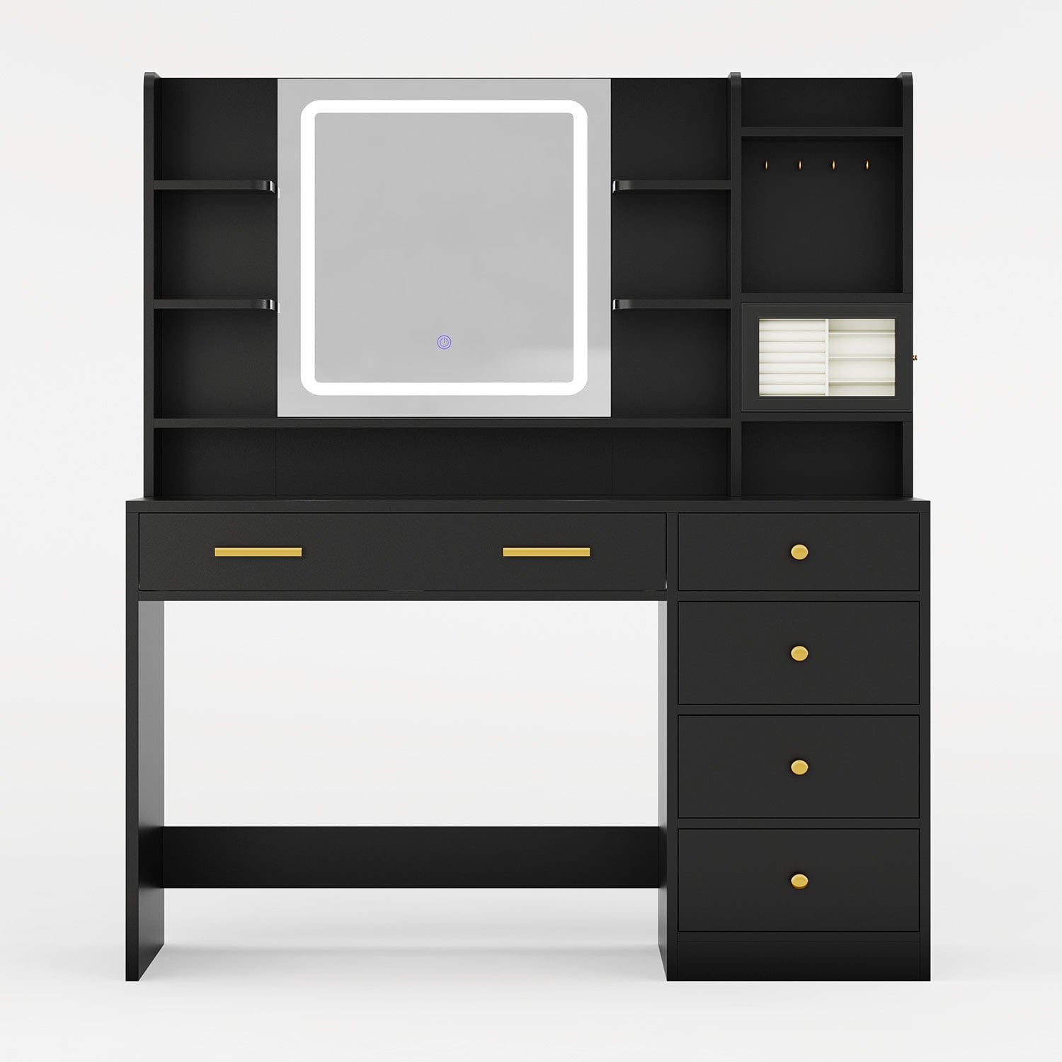 HAUOMS Vanity Black / Engineered Wood / Modern Makeup Vanity with Jewelry Box Black