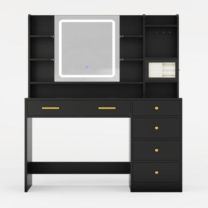 HAUOMS Vanity Black / Engineered Wood / Modern Makeup Vanity with Jewelry Box Black