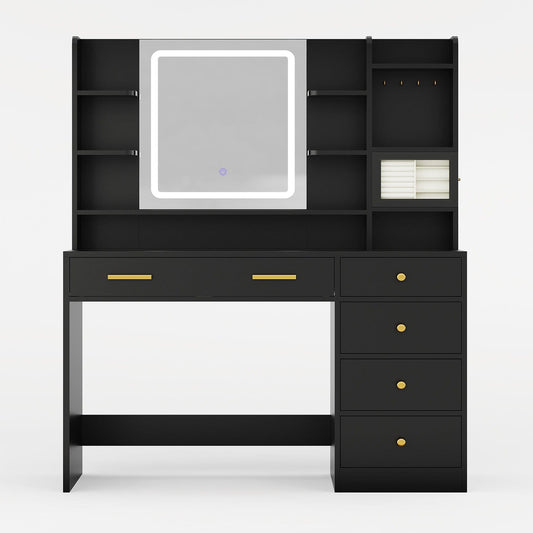 HAUOMS Vanity Black / Engineered Wood / Modern Makeup Vanity with Jewelry Box Black