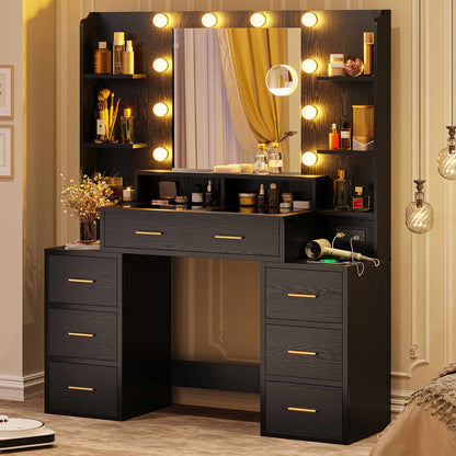 Hauoms Vanity Black / Glass / Modern Glass Top Makeup Vanity