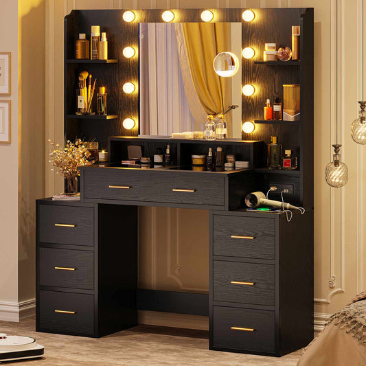 Hauoms Vanity Black / Glass / Modern Glass Top Makeup Vanity