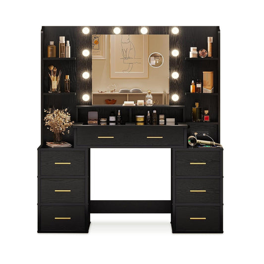 HAUOMS Vanity Black / Glass / Modern Glass Top Makeup Vanity Black
